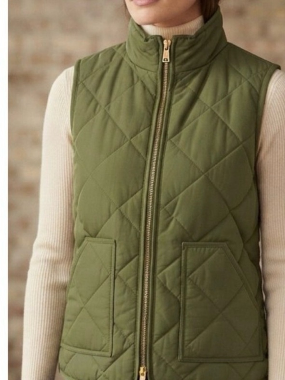 J.Crew Quilted Puffer Vest in olive green, size Large.